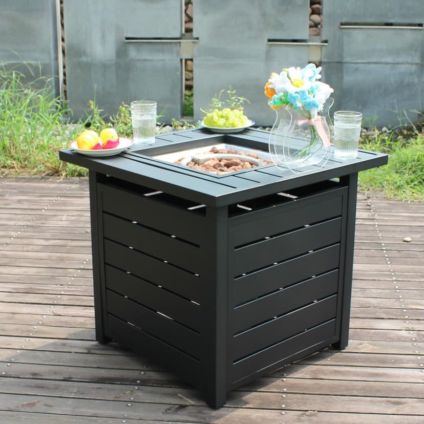 28 inch Propane Fire Pit Table, Outdoor Gas Fire Pits with Lid & Lava Rock, 50000 BTU Firepit for Dinning, Party in Outside, Patio, Garden or Yard (Black)