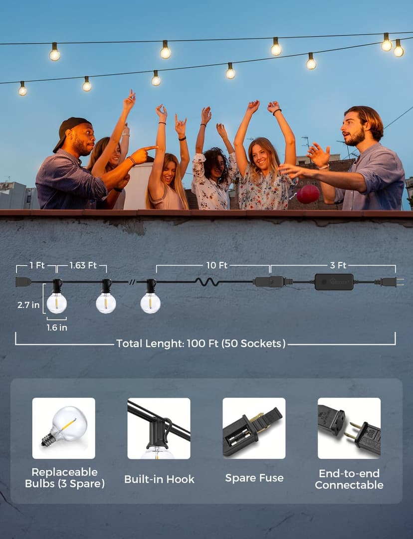 XMCOSY+ Outdoor String Lights, Smart Patio Lights 100Ft Dimmable Outdoor Lights Warm White, 50 G40 LED Bulbs, WiFi String Lights for Outside, Work with Alexa, APP Control, Waterproof Extendable