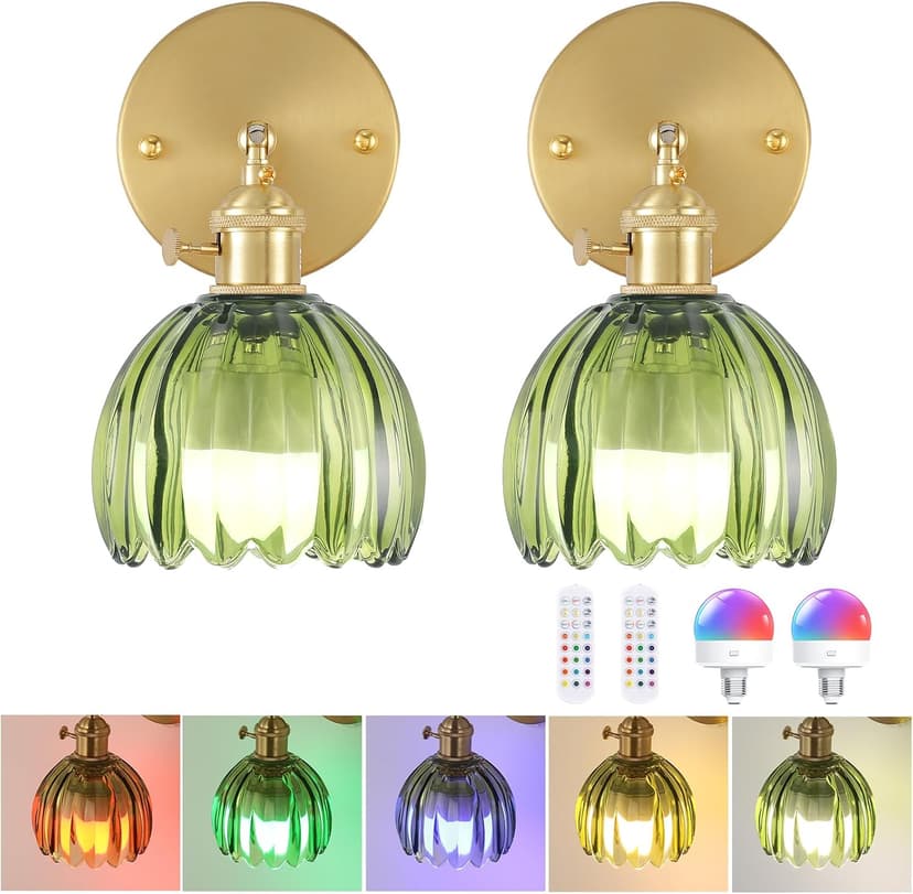 Vintage Battery Operated Wall Sconce with Green Tulip Glass Lampshade Wireless Rechargeable Battery Powered Wall Light with Remote Control for Bedside Bedroom Doorway, Set of 2