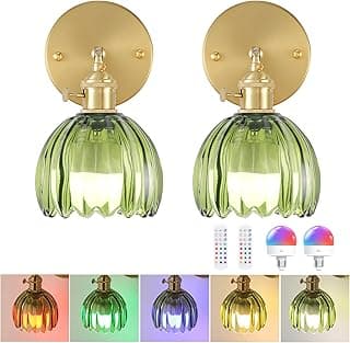 Vintage Battery Operated Wall Sconce with Green Tulip Glass Lampshade Wireless Rechargeable Battery Powered Wall Light with Remote Control for Bedside Bedroom Doorway, Set of 2