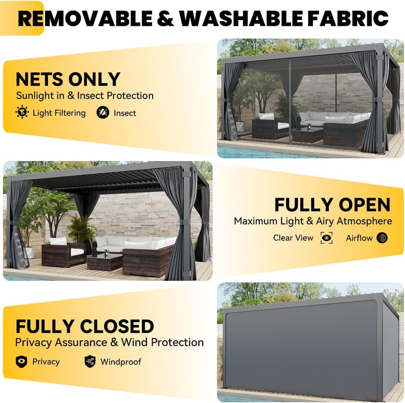 Louvered Pergola 10x12ft, Adjustable Aluminum Pergola with Waterproof Curtains and Nets, Sun & Rain Shade for Patio, Modern DIY Outdoor Living Upgrade, Dark Grey