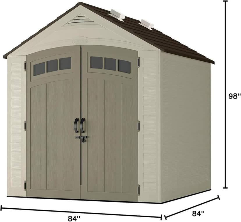 Suncast Vista 7x7 Storage Shed with Multi-Wall Resin Panels, 4 Skylights, IllumiVent System, and Pad-Lockable Doors, 84" D x 84" W x 98" H, Made in The USA