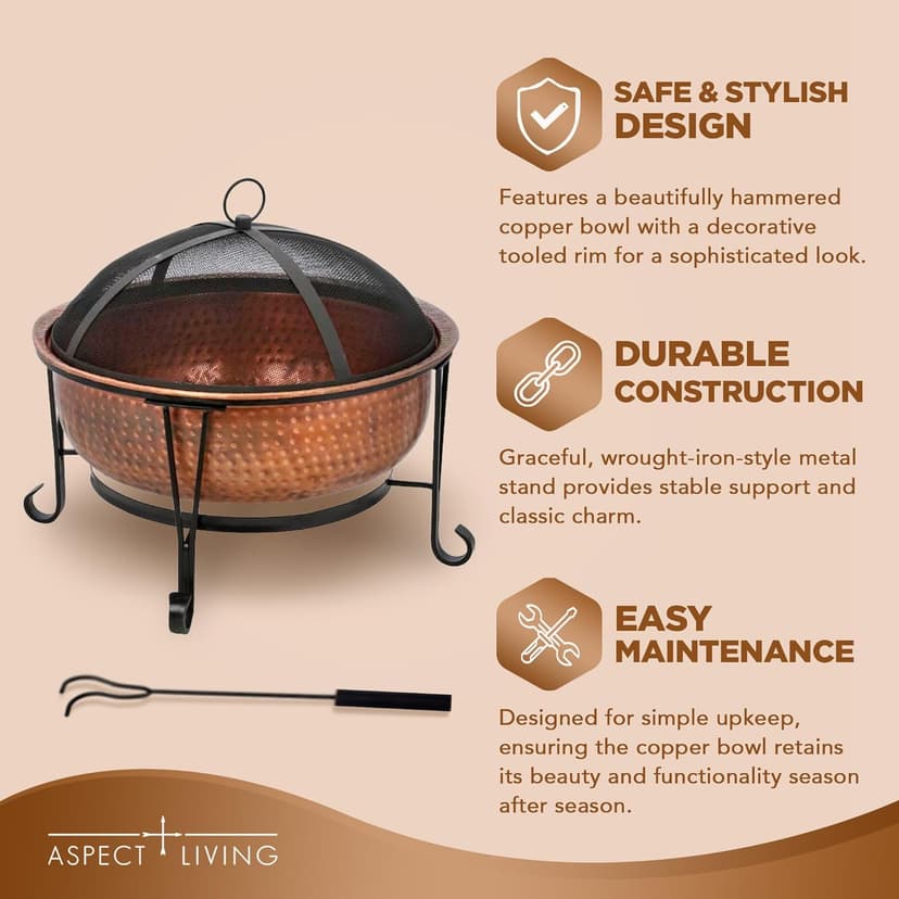 26.5" Genuine Copper Wood Burning Fire Pit w/Spark Screen, Lift Tool, Grate #65126