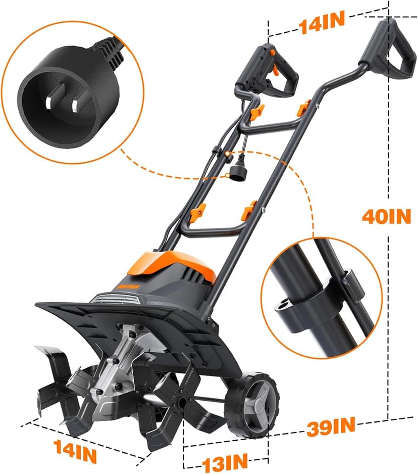 Alloyman 10-Amp Electric Tiller Cultivator, 14 Inch Tilling Width 8.7-Inch Corded Tiller with Foldable Handle, Adjustable Wheels Rototiller for Garden Lawn Yard Soil Cultivation