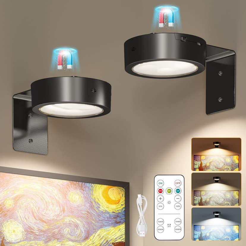 Brightown 2-Pack Picture Lights for Wall, Magnetic Art Display Picture Lights with Remote, 3 Lighting Modes Battery Operated Picture Light, Dimmable & Timer Art Wall Lights for Pictures, Black