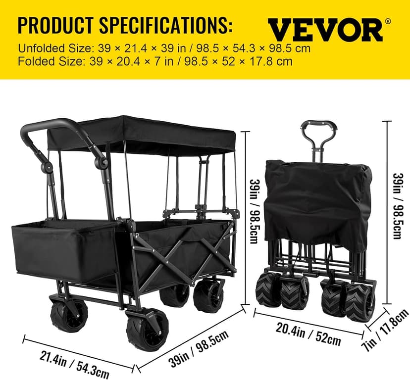 Happbuy Extra Large Collapsible Garden Cart with Removable Canopy, Folding Wagon Utility Carts with Wheels and Rear Storage, Wagon Cart for Garden, Camping, Grocery Cart, Shopping Cart, Black