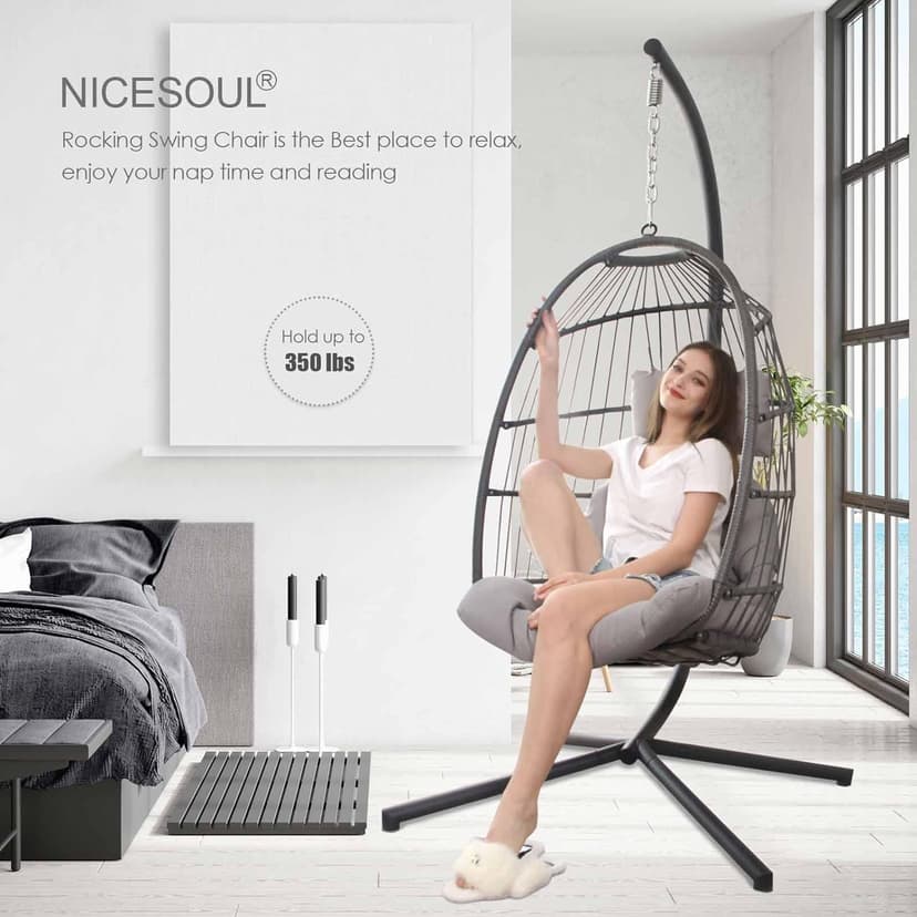 NICESOUL Swing Egg Chair Outdoor Indoor, Patio Wicker Hanging Egg Chairs with Stand, Swinging Hammock with Padded Cushions, 350lbs Sturdy Egg-Shaped Seating for Porch Bedroom Balcony Xmas Gift, Grey