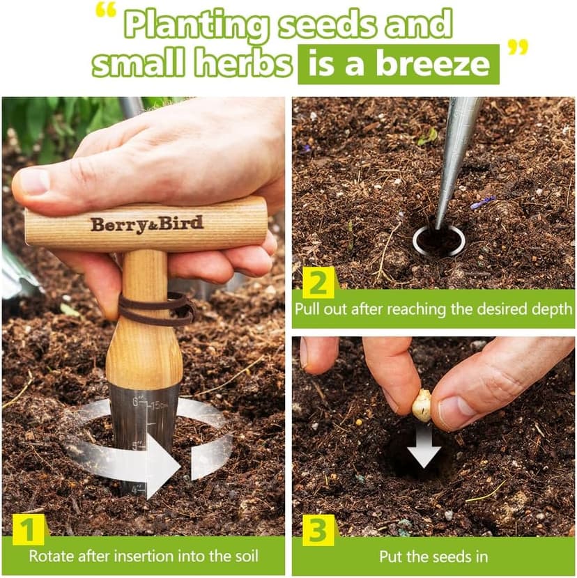 Hand Dibber – Precision Wood Handle Garden Hole Punch Dibbler Tool for Planting Seeds & Bulbs with 6'' Measuring Scale, Bulb Planter for Planting Flowers Tulips Daffodils Dahlias