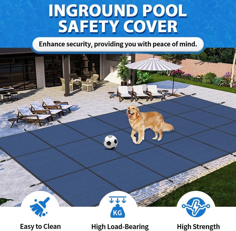 iCOVER Inground Pool Safety Cover, 18x36ft Rectangle Winter Safety Pool Cover for Inground Swimming Pools, Winter Pool Cover, Pool Covers for Inground Pools, Triple Stitched for High Strength, Blue