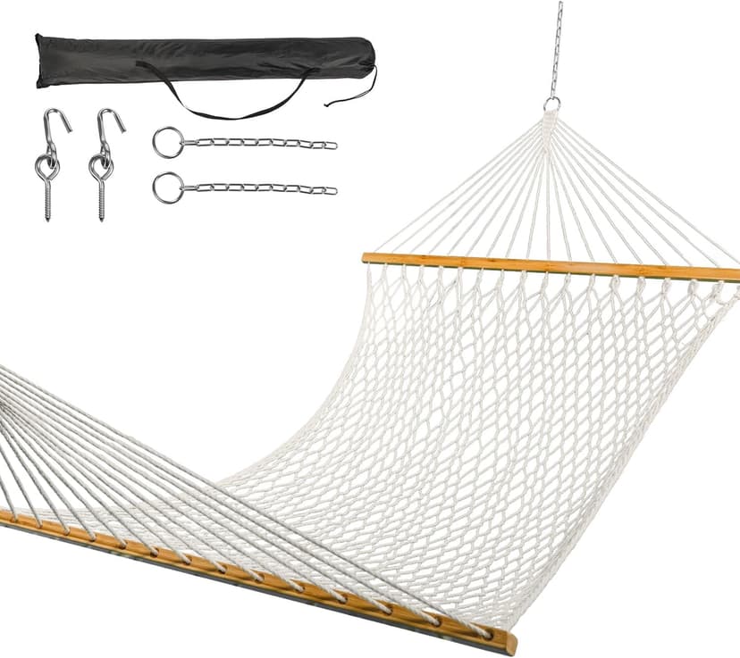 Double Hammock for 2 Person, Handwoven Cotton Rope Hammock with Spreader Bar Without Stand - Indoor & Outdoor Use for Patio, Poolside, Backyard (White)