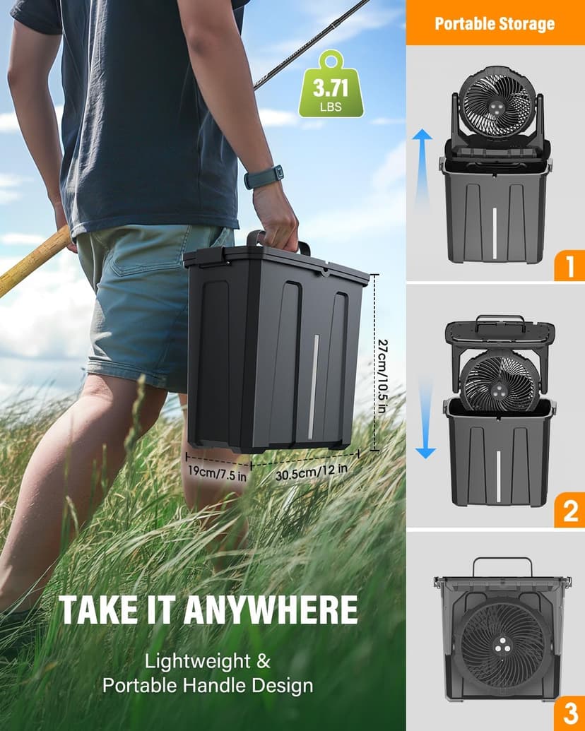 Ausic 9L Bucket Portable Misting Fan for Outdoors Patios, 20000mAh Rechargeable Battery Operated Camping Fan, 3 Strong Winds, 3 Large Spray Outlets, for Fishing/Travel/Garden Party/Golf/Tent/Office