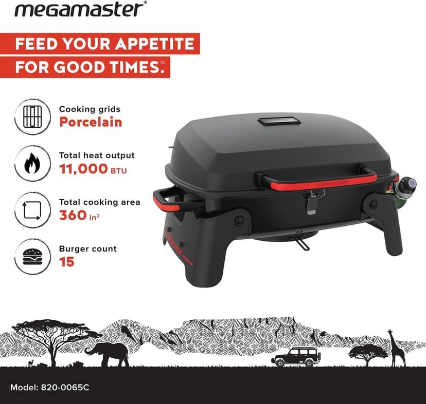 820-0065C 1 Burner Portable Gas Grill for Camping, Outdoor Cooking , Outdoor Kitchen, Patio, Garden, Barbecue with Two Foldable legs, Red + Black