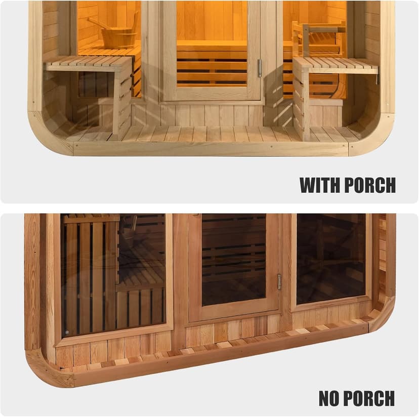 Customize Luxury Outdoor Sauna 6-10 Person, Canadian Hemlock, Red Cedar Sauna, Porch Option, Glass Window Option, Wood Burning Stove or Harvia Heater with Rocks, Extra Large Backyard Saunas (0-195 °F)