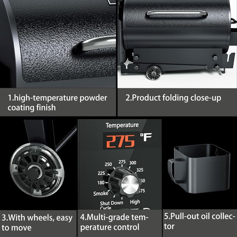 KingChii Portable Electric Wood Pellet Grill & Smoker with Foldable Legs, 456 SQ.IN Grill Capacity, with PID Temperature Control (180-425°F) for Backyard Camping Bake and Roast, Black with Cover