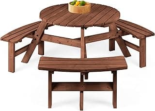 Best Choice Products 6-Person Circular Outdoor Wooden Picnic Table for Patio, Backyard, Garden, DIY w/ 3 Built-in Benches, 500lb Capacity - Walnut Brown