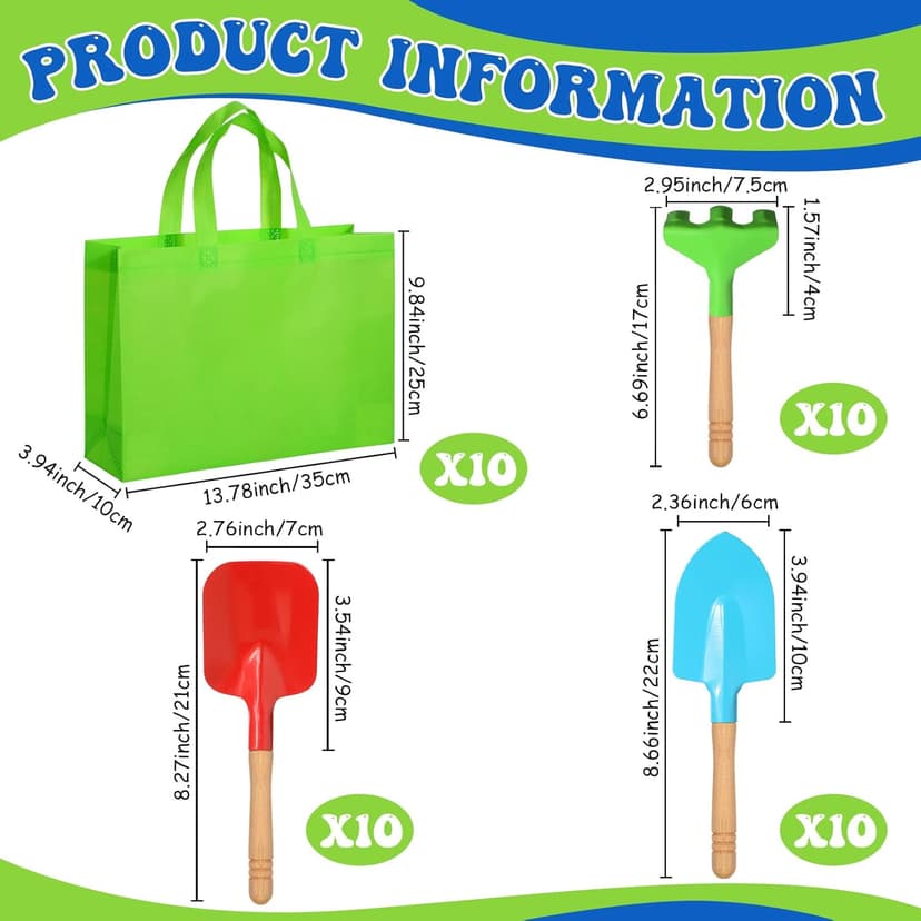 Liliful 40 Pcs Kids Gardening Tools 10 Garden Rake 10 Garden Shovel 10 Garden Trowel 10 Green Tote Bags Metal Garden Tools with Wooden Handle Beach Sandbox Toy for Planting Loosening Digging