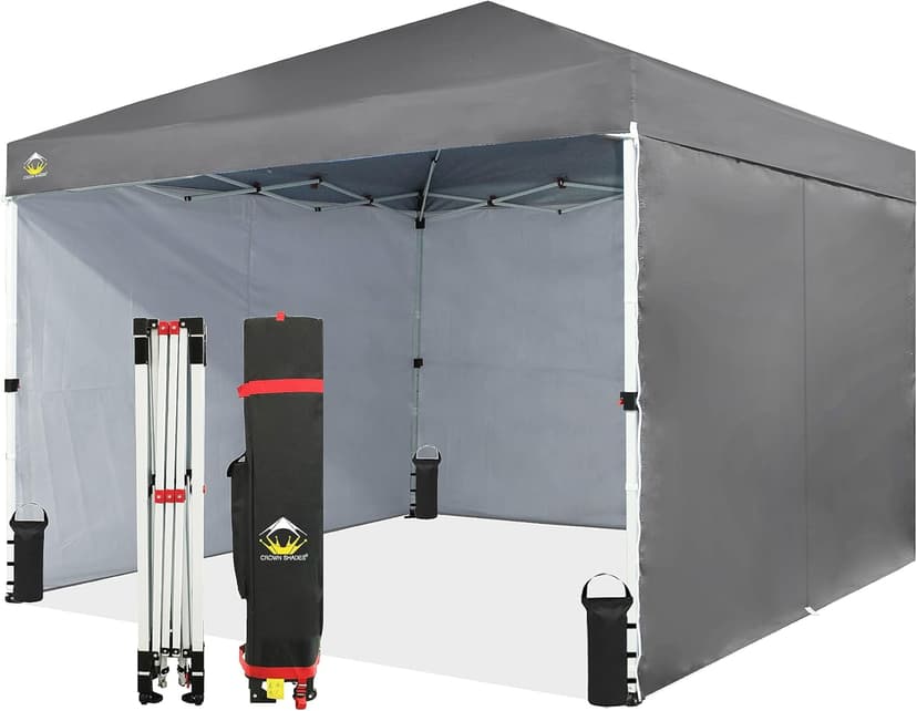 CROWN SHADES 10X10 Comercial Instant Canopy Pop Up Tent with Center Lock (10x10 with 4 Sidewalls, Grey)
