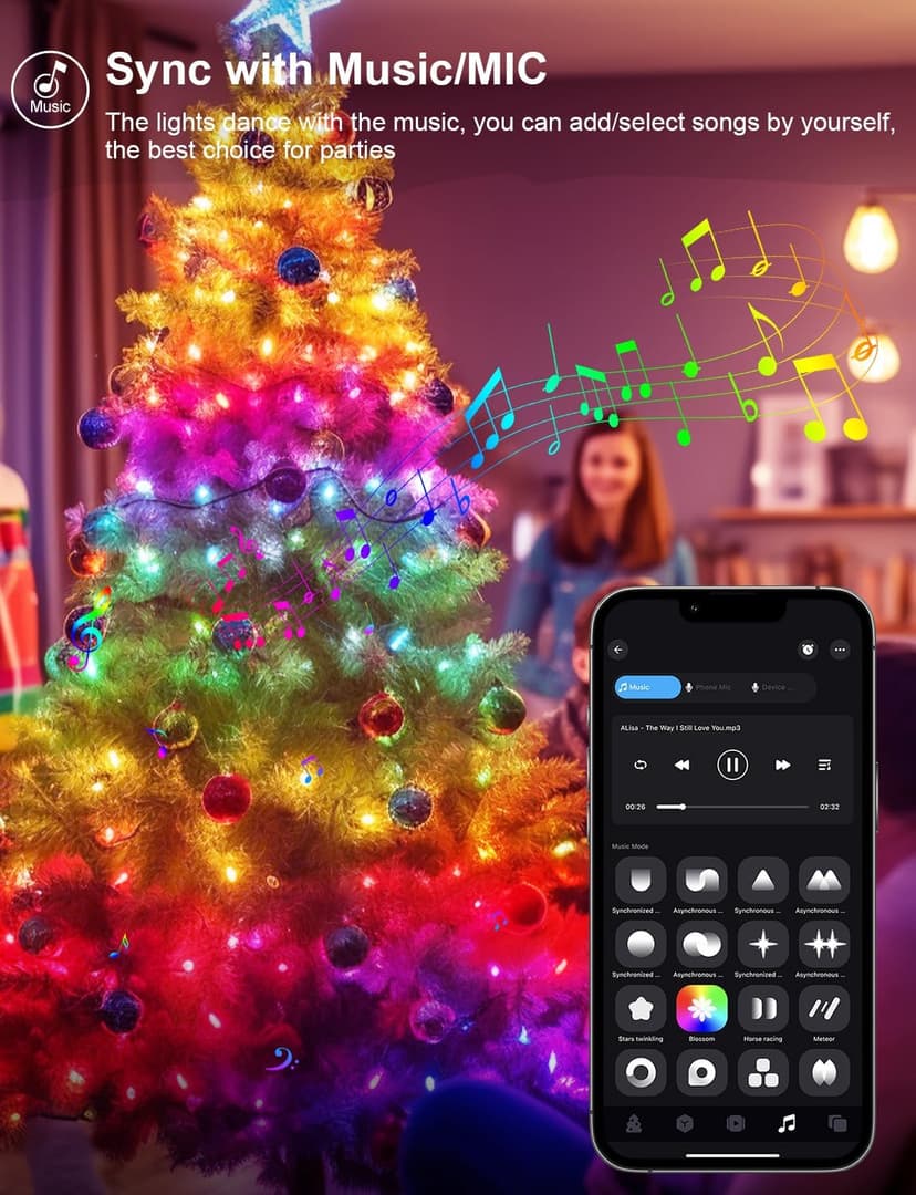 echosari Smart String Lights 33Ft RGB Color Changing IC, 100 LED String Lights with Remote & App Control, Music Sync Fairy Lights for Yard Garden Trees Decor (Clear Cable)