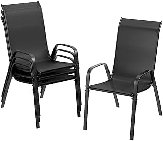 TLSUNNY Patio Chairs, Stackable Textilene Outdoor Dining Furniture for All Weather, with 17.7″ Wide Seat & Metal Frame, for Garden, Backyard, Deck, Restaurant, Poolside (Black, Set of 4)