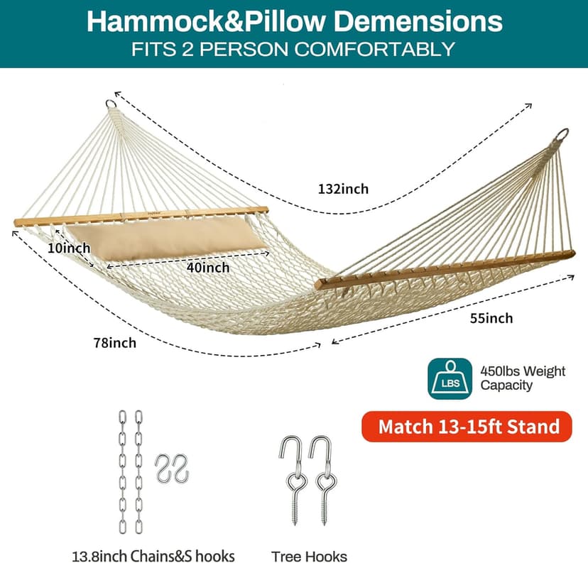 JoyView Traditional Rope Double Hammock - Hand Woven Cotton Hammock with Hardwood Spreader Bar and Pillow 450lb Capacity for Outdoor Indoor Patio Yard - Natural