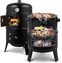 VINGLI 18 Inch Multi-Layer Charcoal BBQ Smoker, Heavy Duty Round Steel Smoking Grill with Thermometer for Outdoor Home Party