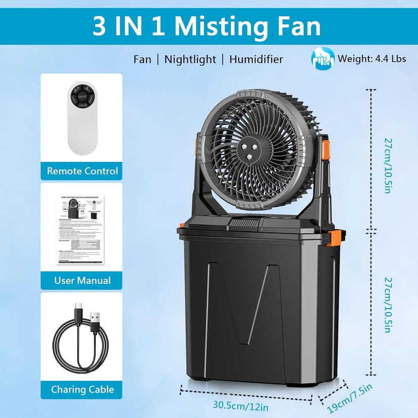 GHORA Portable Misting Fan with 9L Water Tank, 20000mAh Rechargeable Battery Camping Fan, Outdoor Cooling Fans for Patios with Remote & LED, 4 Speeds, 4 Spray Mister Modes, for Home, Outside