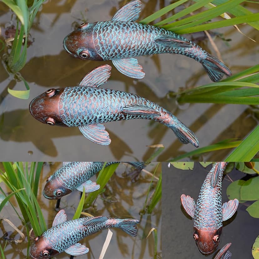 Koi Fish Decor - Set of 2 Antique Koi Fish Garden Statue for Outdoors, Patio and Backyard Decoration