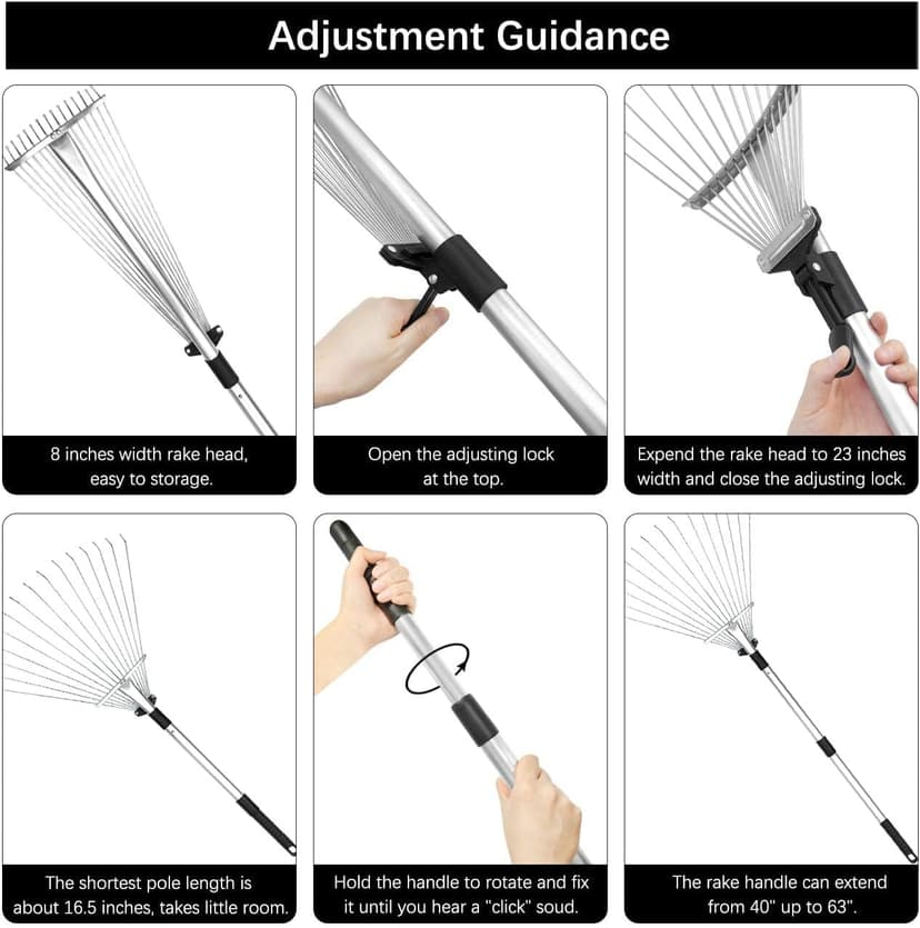 Buyplus Adjustable Garden Leaf Rake - 24 to 63 Inch Telescopic Metal Expandable Folding Leaves Rake for Lawn Yard, Flowers Beds, Black