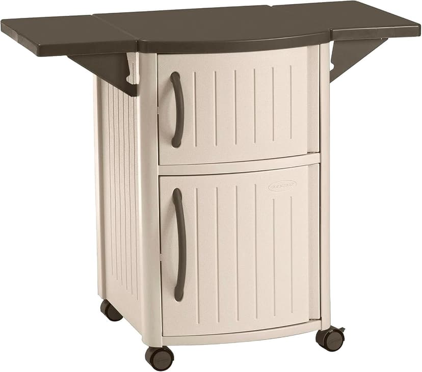 Suncast Outdoor Patio Grill Prep Station Cart with 2 Storage Cabinets, Light Taupe/Mocha