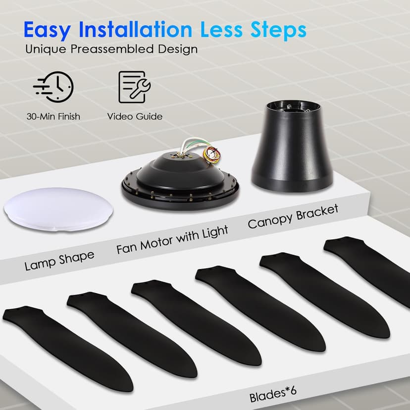 Ceiling Fans with Lights, 51 inch Modern Black Low Profile Ceiling Fan with Light and Remote App Control, Flush Mount, Quiet DC Reversible, Dim Led Ceiling Fan 6 Blade Softer Wind Indoor/Outdoor Patio