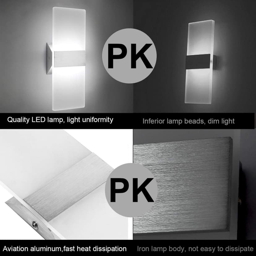 ChangM Modern LED Acrylic Wall Sconce 12W Cool White 6000K Up Down Lamp for Bedroom Corridor Stairs Bathroom Indoor Lighting Fixture Lamps Home Room Decor Not Dimmable No Plug(1 Pack)