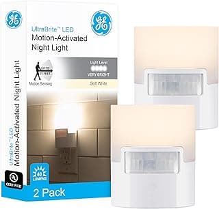 GE LED Motion Sensor Night Light, Plug into wall, 40 Lumens, Soft White, UL-Certified, Energy Efficient, Ideal Nightlight for Bedroom, Bathroom, Kitchen, Hallway, 46632, White, 2 Pack