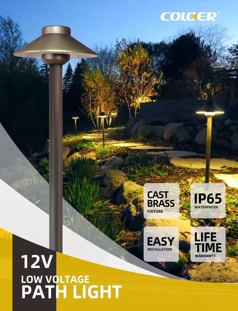 COLOER Brass Low Voltage Outdoor Path Lights 4-Pack with 2W LED G4 Bulb,12V Waterproof China Hat Pathway Lighting for Yard, Patio, Landscape, Planter, Walkway(602B)
