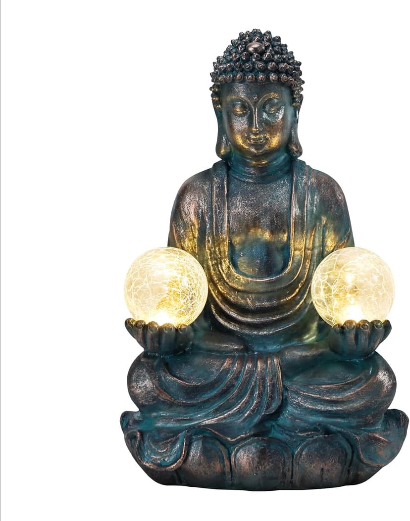 Afirst Meditating Buddha Garden Statues Solar Buddha Sculpture Decor with Glass Balls Zen Meditation for Home Garden Yard Patio Indoor Outdoor Ornaments