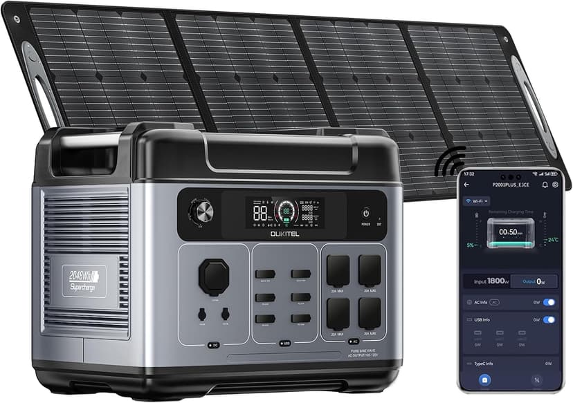 OUKITEL P2001 Plus 2400W Power Station(Peak 5000W), 2048Wh Solar Generator with 400W Solar Panel 4XAC Outlets, 1800W Fast Charging APP Control LiFePO4 Battery Backup for Home Emergency Camping RV