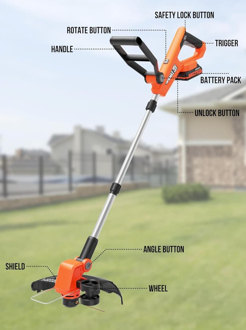 VARSK 20V 12" Cordless String Trimmer, 2 in 1 Trimmer and Edger with Auto Line Feed, 2 X 2.0Ah Batteries/1 X Fast Charger/6 X Bonus Spools Included, for Lawn, Garden, Yard, etc
