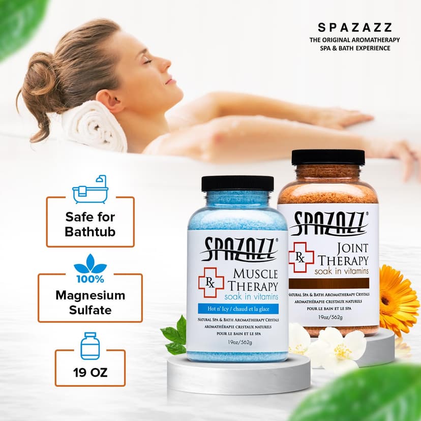 Spazazz Aromatherapy Spa and Bath Salts Crystals RX Therapy Collection 2 Pack Bundle- One 19 Oz Jar Each Spazazz Muscle Therapy and Joint Therapy- Dead Sea Bath Salt Crystals