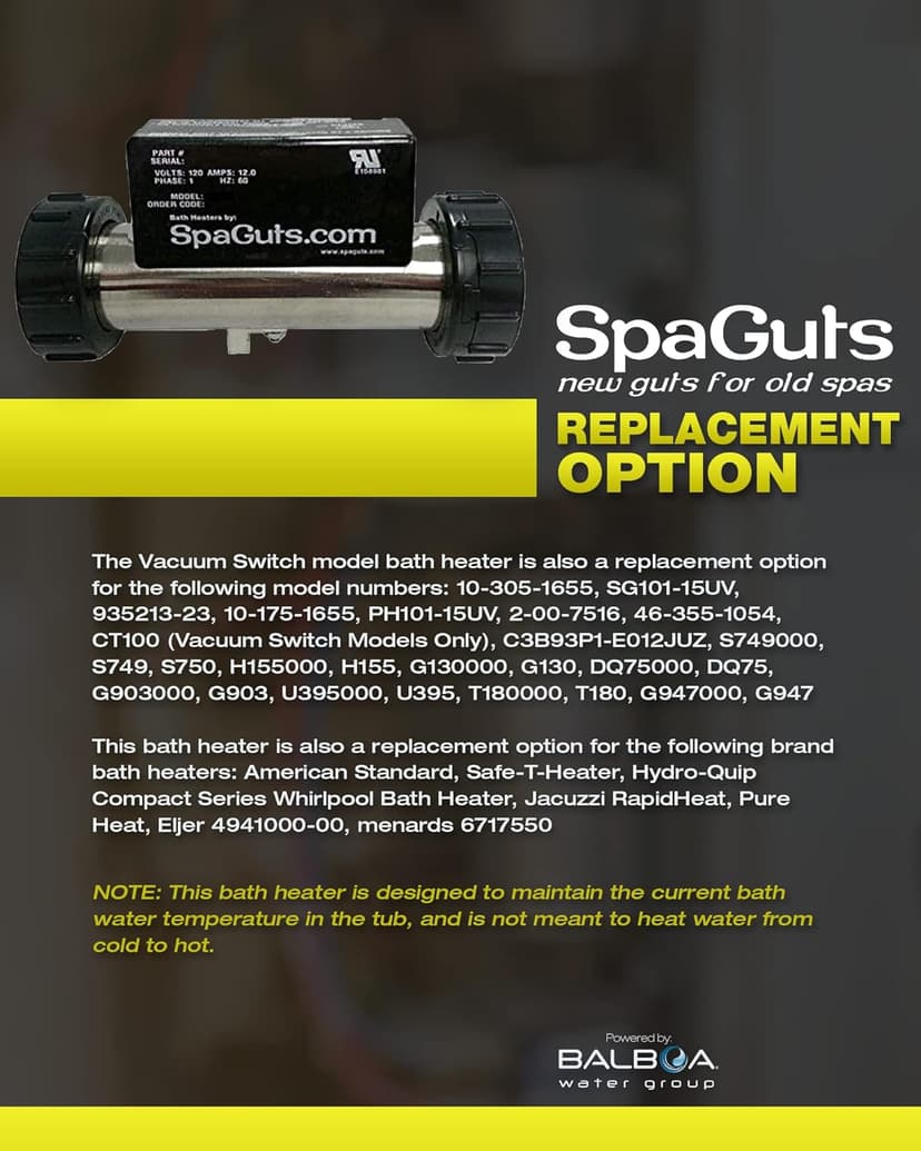 SpaGuts 25-150-0002 Universal Inline Bath Heater Kit, 1.5KW, 110V, 7x1.5 inches, with Built-in Vacuum Switch