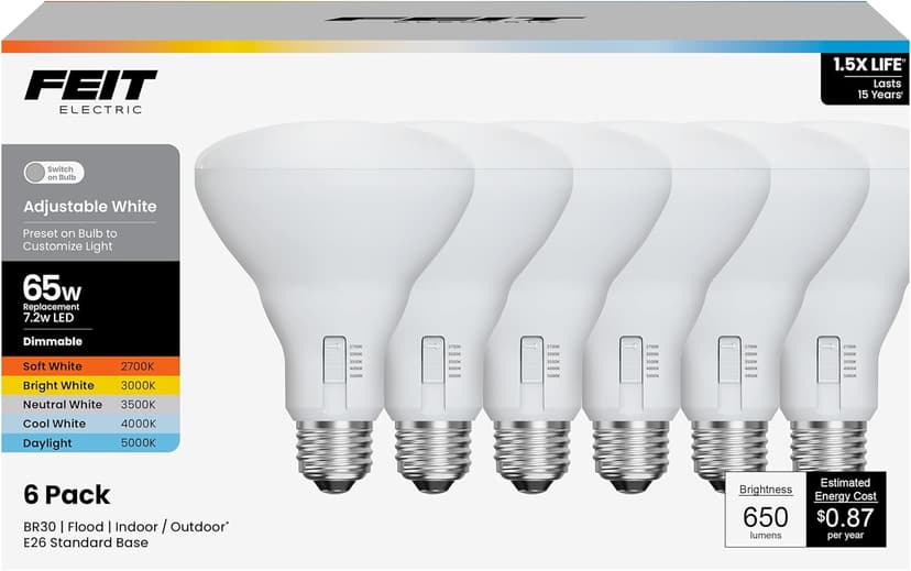 Feit Electric BR30 LED Flood Light Bulb, 65W Equivalent, Dimmable, 5CCT, Adjustable White, 650 Lumens, Indoor/Outdoor Residential & Commercial Use, 17,000-Hour Lifespan, BR3065DM5CCTCA15K/6, 6-Pack