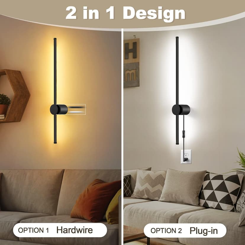 Wall Sconces Set of Two with Remote, Stepless Colors 3000K-6500K & Stepless Dimming, Hardwire or Plug-in, 180° Rotate, LED Black Plug in Wall Sconces with Timer & Night Light, 23.6 Inches