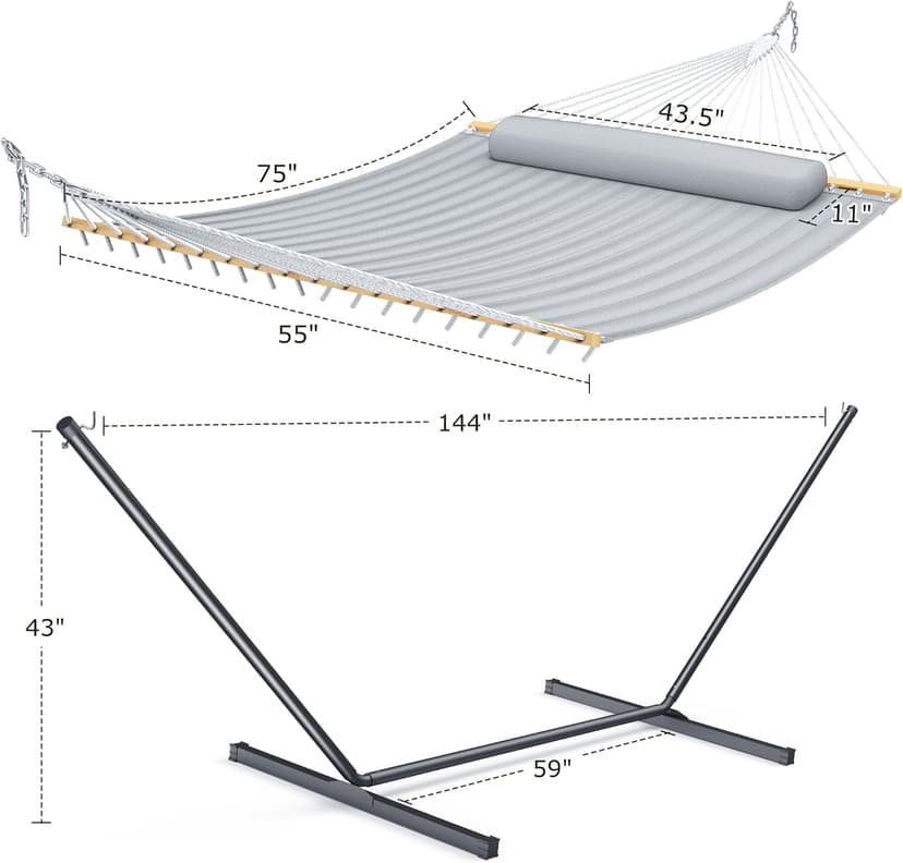 Double Hammock with Stand for Outdoor, Heavy Duty Portable Hammock with Adjustable Steel Stand for Patio, Garden, Beach, Backyard - Includes Carrying Bag,Dark Grey