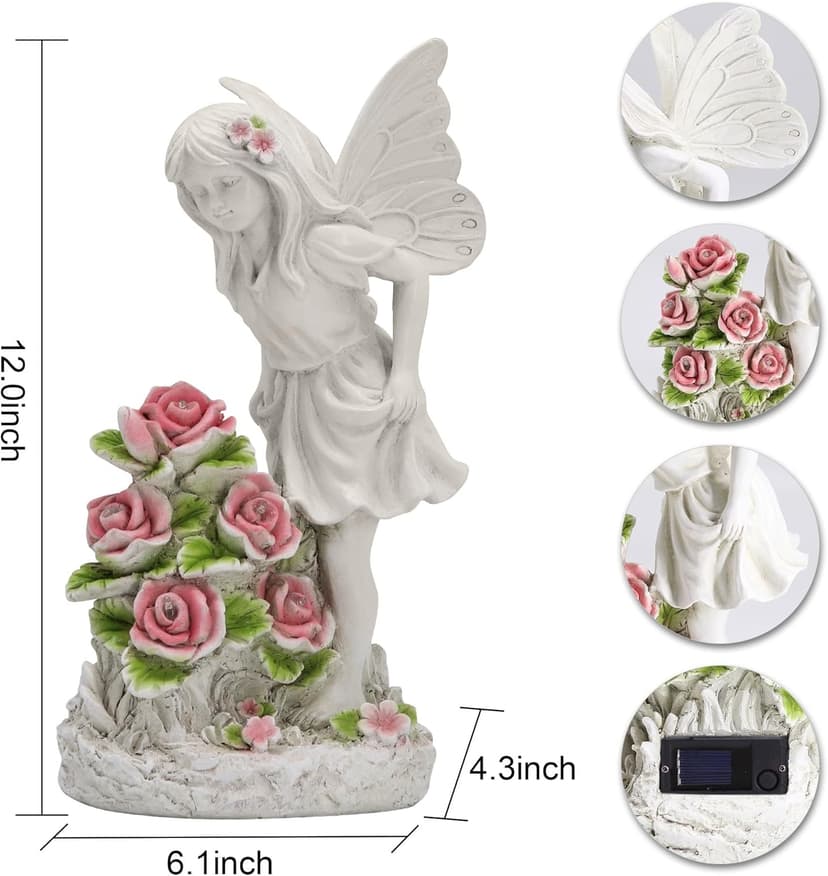 Garden Figurines Angel Garden Statue Outdoor Decor, Solar Powered Resin Sculpture with 5 LEDs Art Decoration for Patio Lawn Yard Porch, Ornament Housewarming Garden Gift, 12.8 x 7.5 x 6.1 Inch