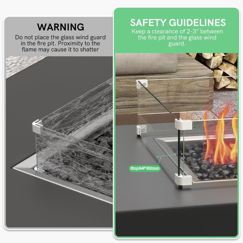 41.5 x 13.5 x 6 Inch Glass Wind Guard for Propane Gas Fire Pit Table, Rectangular Thick Tempered Glass Shield, Firepit Glass Barrier with Aluminum Corner Bracket & Rubber Feet