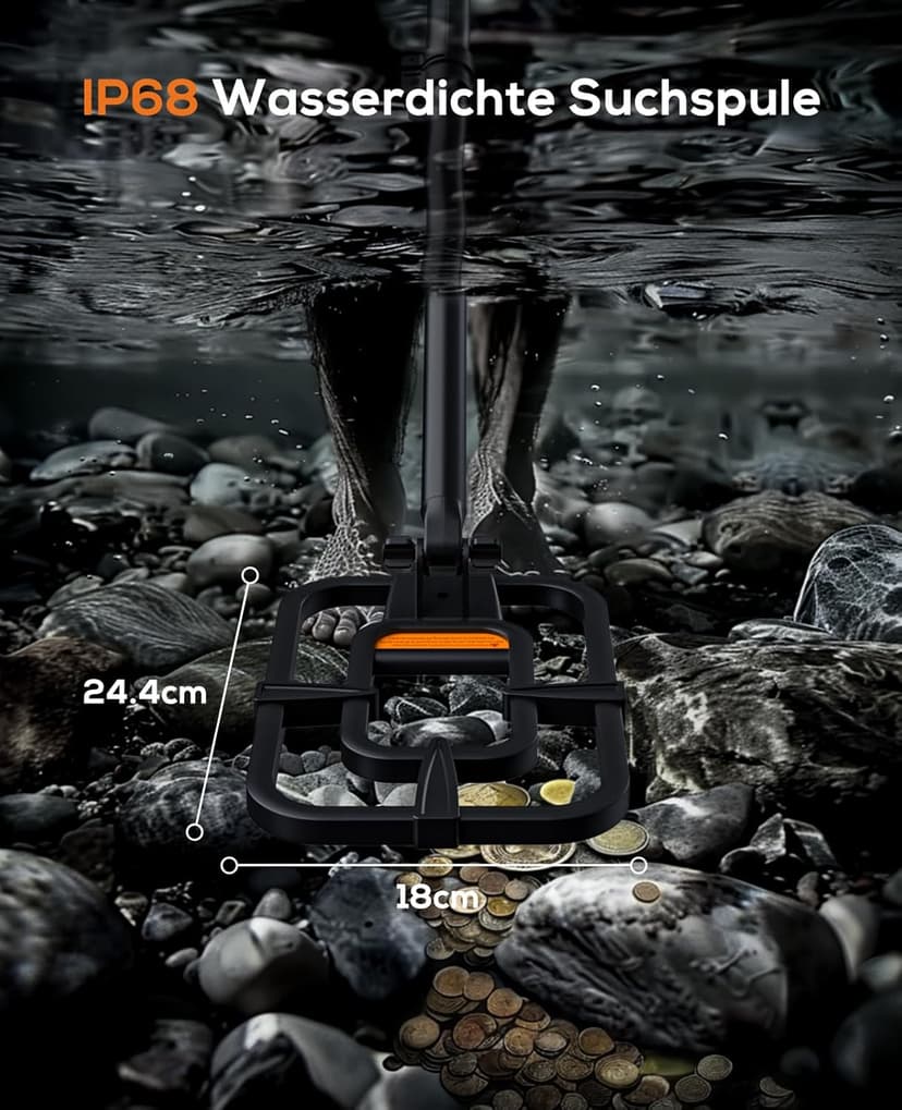 Metal Detector for Adults Waterproof - Cordless Gold Detector with LCD Display, Retractable Foldable Higher Accuracy Metal Detector with 10" IP68 Coil - Orange