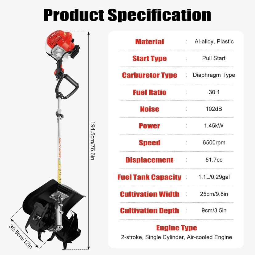 Gas Powered Tiller Cultivator, 51.7CC 2-Stroke Handheld Tiller Cultivator Gas Powered Engine Rototiller Garden Tool for Lawn, Garden and Field Soil Cultivation