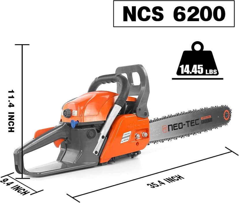 NEOTEC 20 Inch Chainsaw, 62CC Power Chain Saws Gas Powered 2 Stroke Handed Petrol Gasoline Chain Saw for Cutting Wood Outdoor Garden Farm Home