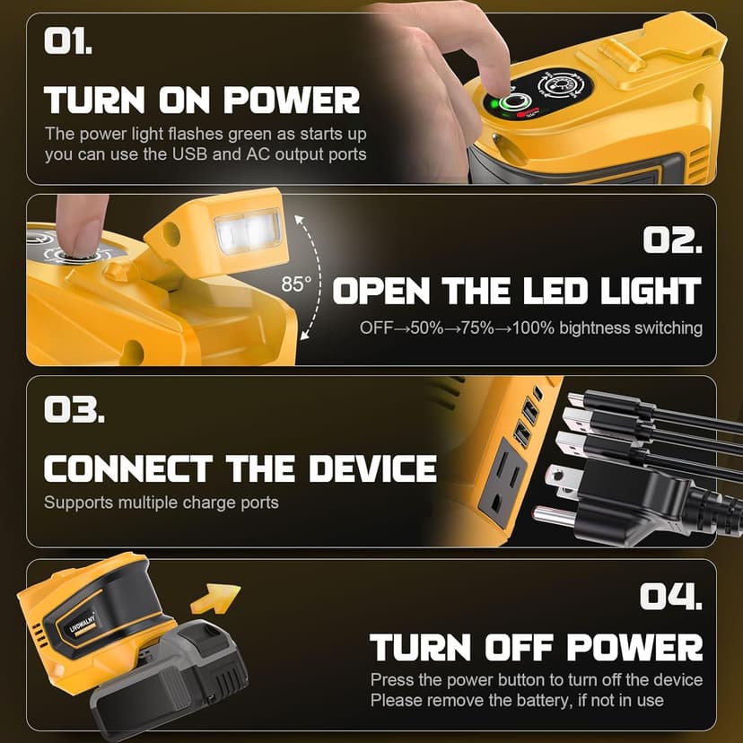 200W Power Inverter for Dewalt 20V, DC 20V to AC 110-120V Battery Inverter, Portable Power Station Generator, Charger Adapter Battery Powered Outlet with 2 USB Ports & 1 Type-C & 1 AC Outlet