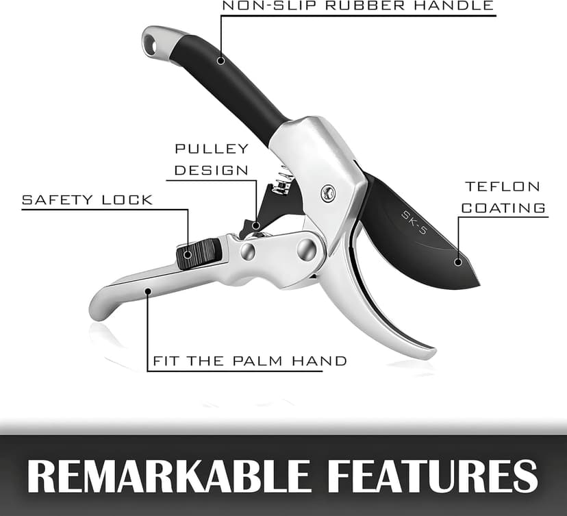 Ratchet Pruning Shears for Gardening Heavy Duty SK5 Japanese Steel Titanium coated Blades 3X Easier Cutting Ideal for Weak Hands & Arthritis. Anvil Pruner, Secateurs, Hedge Shears, Best Garden Gifts