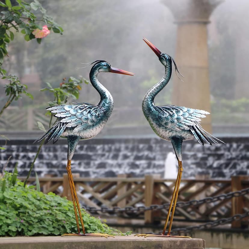 Chisheen Large Garden Crane Outdoor Sculptures, Metal Yard Art Heron Standing for Indoor Outdoor Decor, Bird Statues for Patio Lawn Porch Decorations, Set of 2