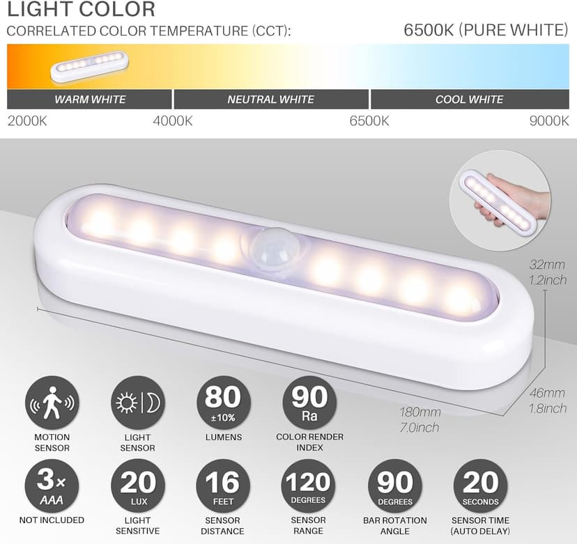 STAR-SPANGLED 3 Pack 7” Motion Sensor Lights Indoor Battery Operated, Stick on LED Light for Closet, Stairs, Under Cabinet, Warm White